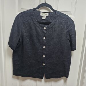 Orvis 100% Linen Navy Blue Blouse Women’s Size M Button Front Short Sleeve